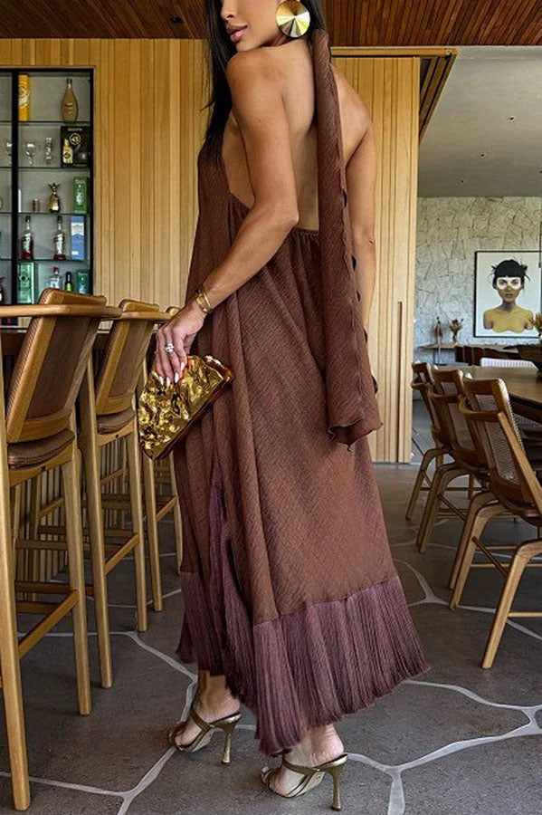Vacation Vibe Metal Decoration Tassel Trim Halter Backless A-line Maxi Dress