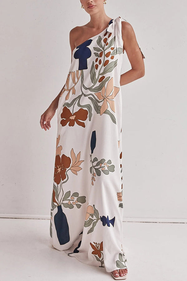 Matches The Vacation Unique Print One Shoulder Tie-up Pocketed Loose Maxi Dress White