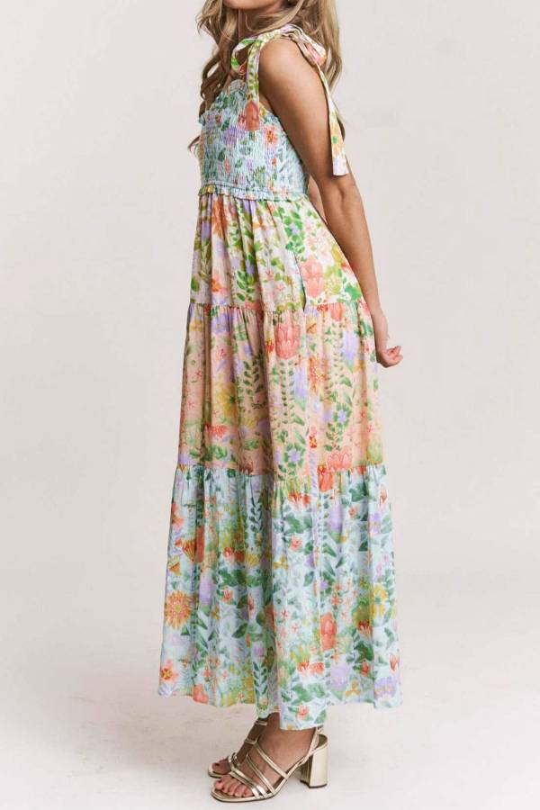 Fresh Floral Shirred Tie-Strap Maxi Dress for Beach Vacation & Garden Parties