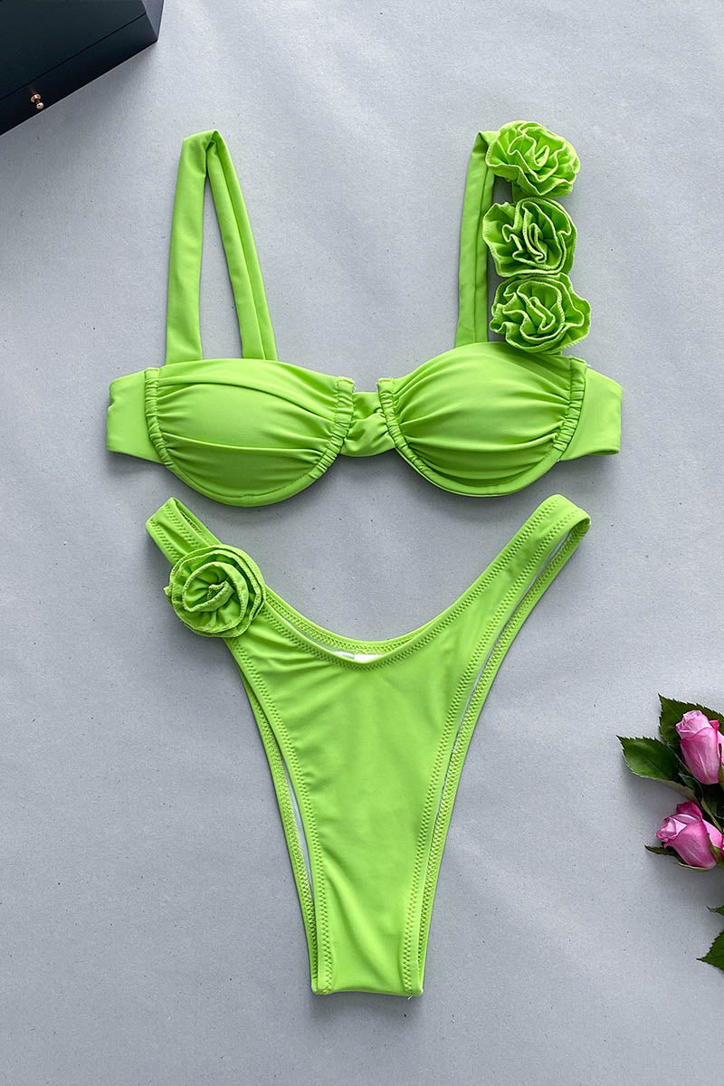 Three-dimensional flower split solid color women's swimsuit Green