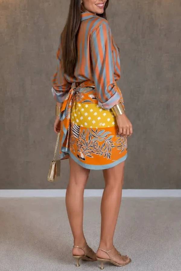 Striped Shirt & Printed Wrap Skirt Two‑Piece Set