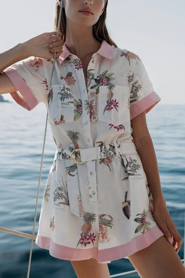 Plant Print Lapel Short Sleeves Loose Pocket Waist Tie Casual Rompers