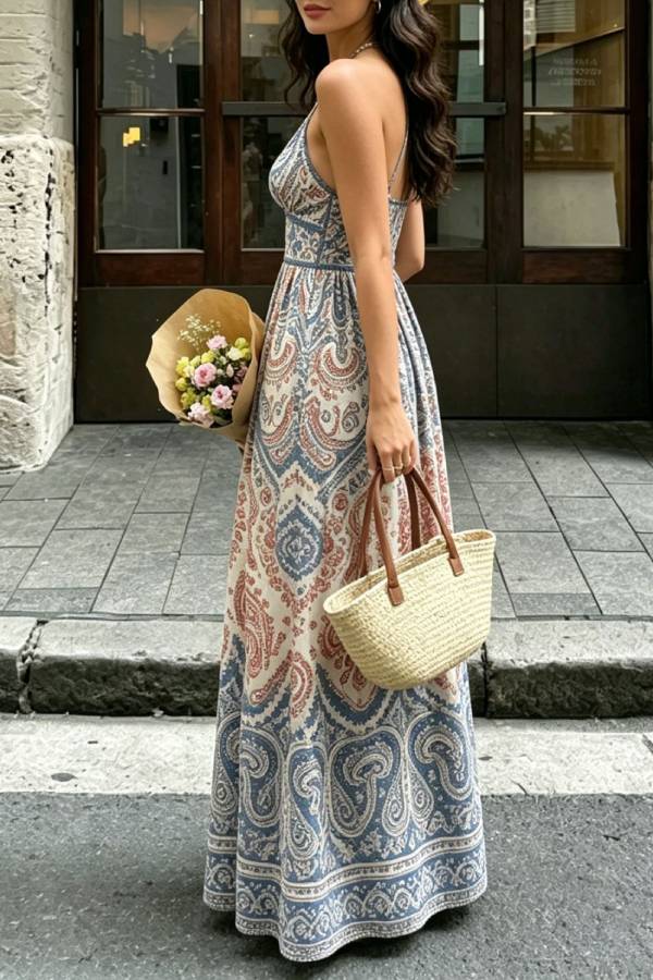 Paisley Print Spaghetti Strap Deep V Cutout Waist Maxi Vacation Dress