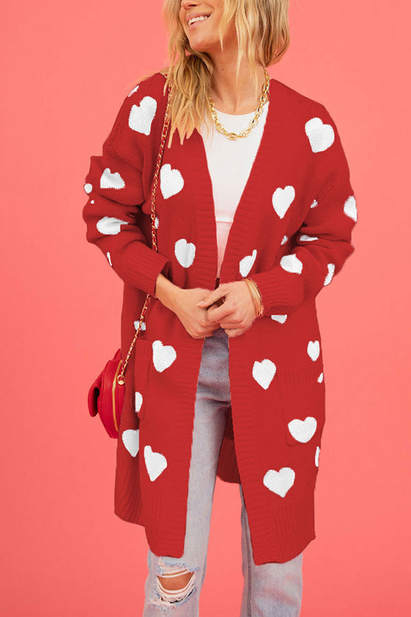 Love knitted cardigan Love pocket V-neck mid-length knitted cardigan Red