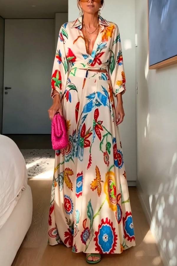 Vacation Tropical Floral Print Waist Tie Shirt & Maxi Skirt Boho Two Piece Set