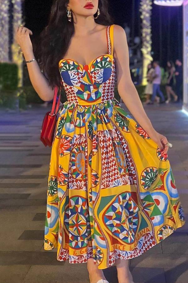 Unique Sunset Walk Ethnic Pattern Print Backless Midi Dress