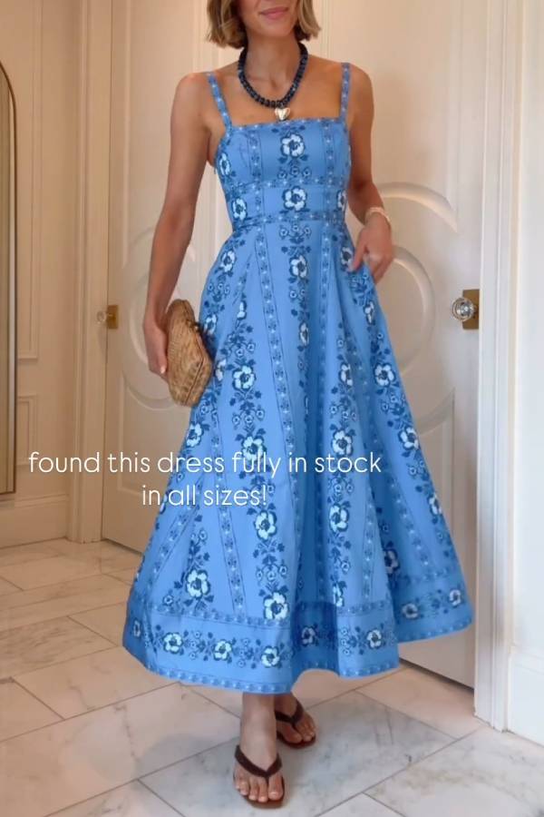 Blue White Floral Square Neck Spaghetti Strap Midi Dress High Waist A-Line Vacation Sundress
