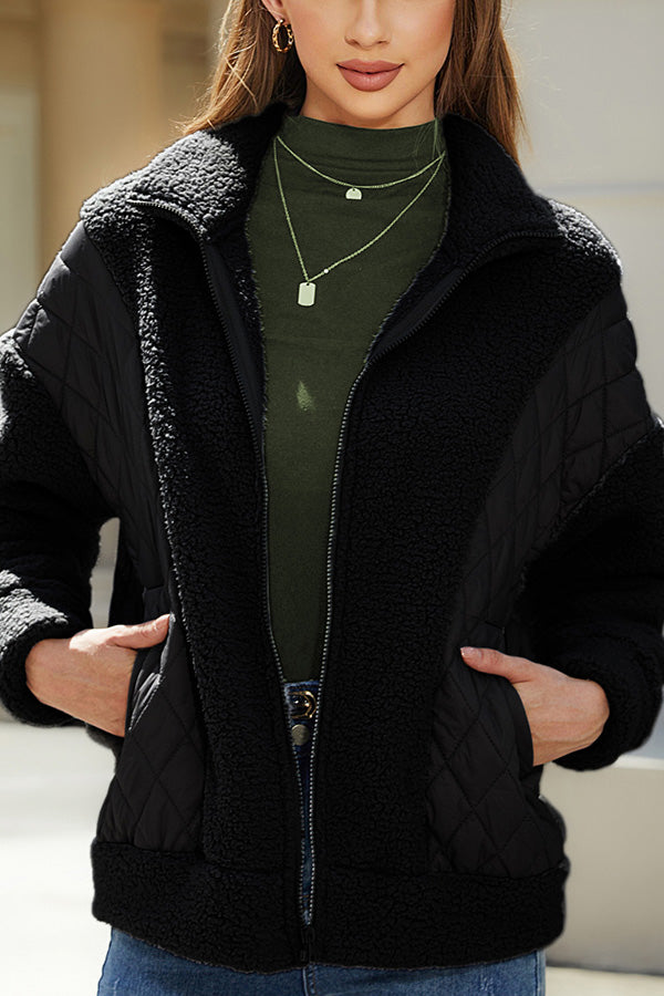 Fashion long sleeve cardigan zipper plush patchwork women's jacket Black