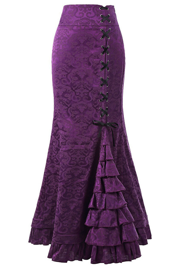Fashionable and sexy fishtail belted jacquard long skirt Purple