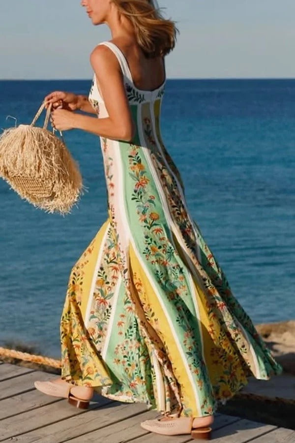 Sweet Garden Linen Blend Color Block Floral Paneled Maxi Dress