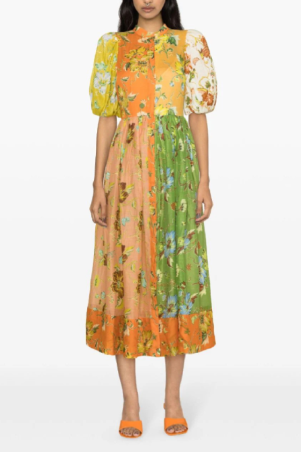 Floral Print Puff Sleeve Cotton and Linen Midi Dress MultiColor