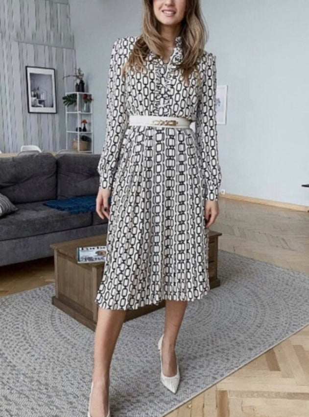 RONNA PLEATED DRESS Ivory Geometrics