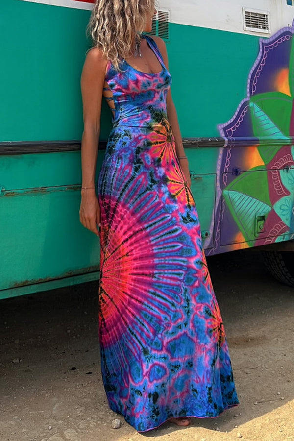 La Bamba Tie-dye Print Back Lace-up Stretch Maxi Dress Blue