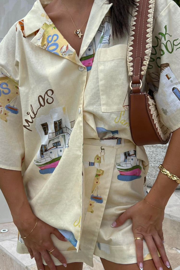 Kea Linen Blend Unique Print Short Sleeve Shirt and High Rise Wrap Panel Miniskirt Set Beige