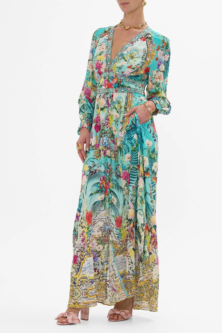 Printed V-neck Long-sleeved Puff Sleeve Waist Maxi Dress Malachite Green