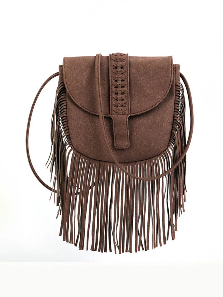 Women Semi Circular Leather Tassel Crossbody Bag Coffe ONE SIZE