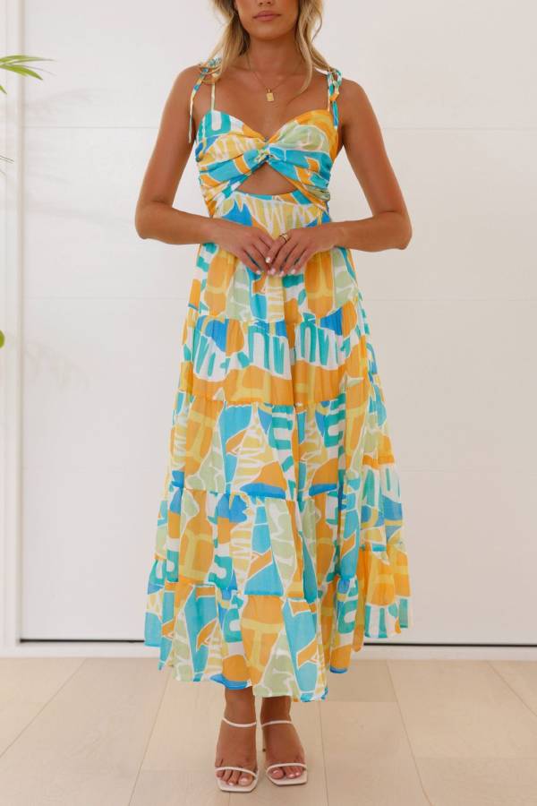 Multi-Color Print Twist Cutout Tie Strap Tiered Maxi Dress