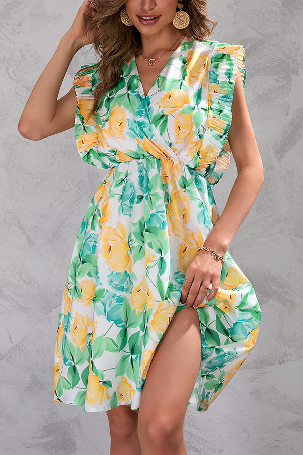 Summer flower waist ruffled sleeveless dress Green