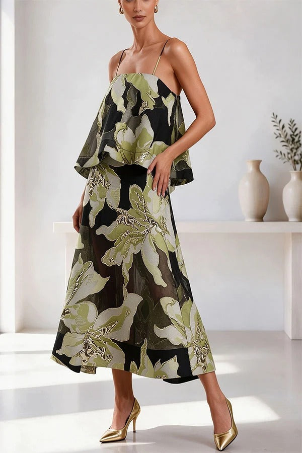 Effortlessly Romantic Floral Print Tiered Slip Square Neck A-line Maxi Dress