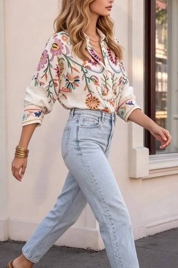 Boho Colorful Floral Print Loose Shirt