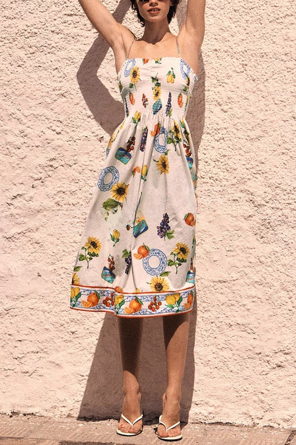 Summer Fruit Print Sling Pleated Vacation Midi Dress Multicolor