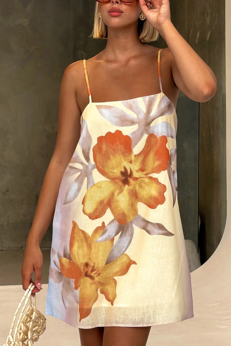 Summer Surprise Linen Blend Floral Print Slip H-line Mini Dress Yellow