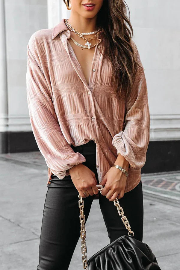 Fkahi Velvet Pleated Lapel Button Down Shirt Pink