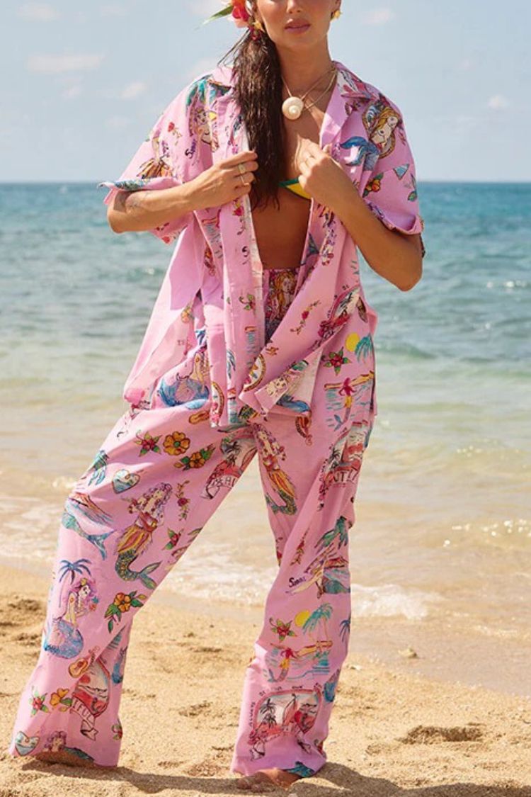 Mermaid Whispers Linen Blend Unique Print Elastic Waist Pocket Wide Leg Pants Pink