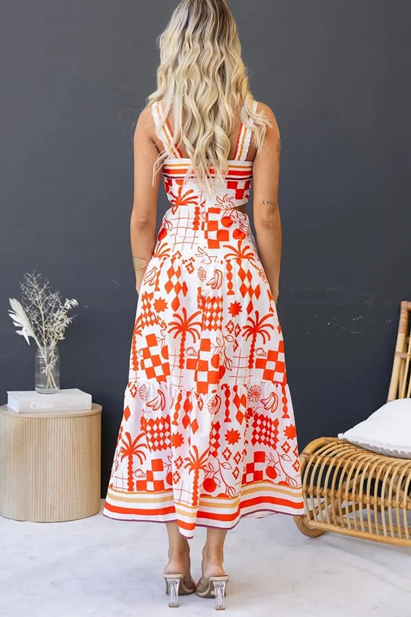 Unique Print Waist Cutout Back Gathered Suspender Maxi Dress