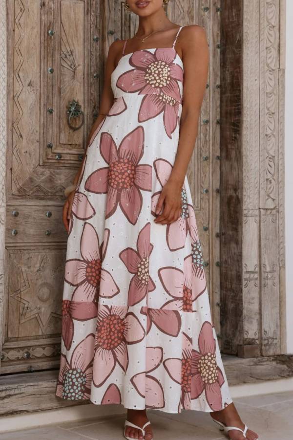 Large Floral Print Spaghetti Straps High-Waisted Layered Maxi Dress