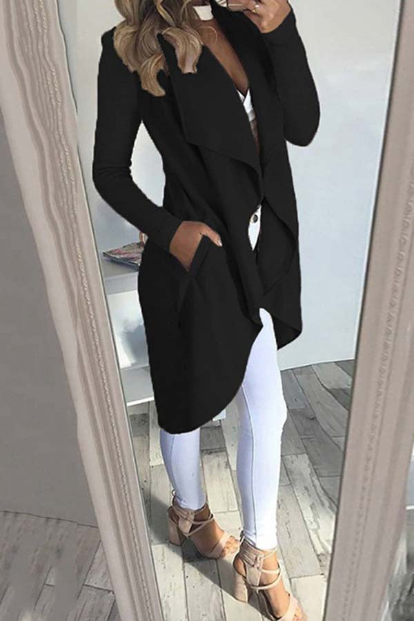 Fashion Solid Color Lapel Slim Long Windbreaker Jacket Black