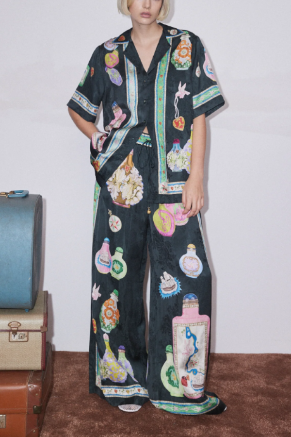 Vase Oil Painting Art Print Top and Pants Two-piece Set Black