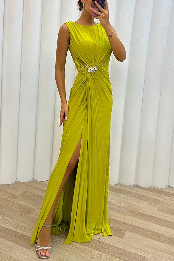 Pretty Special Pleated Embellished Slit Evening Maxi Dress Yellow