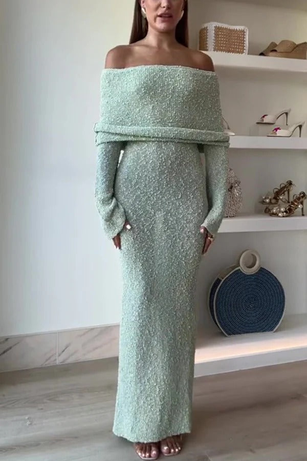 Marisol Ribbed Boucle Material Draped Off Shoulder Stretch Vacation Maxi Dress Green