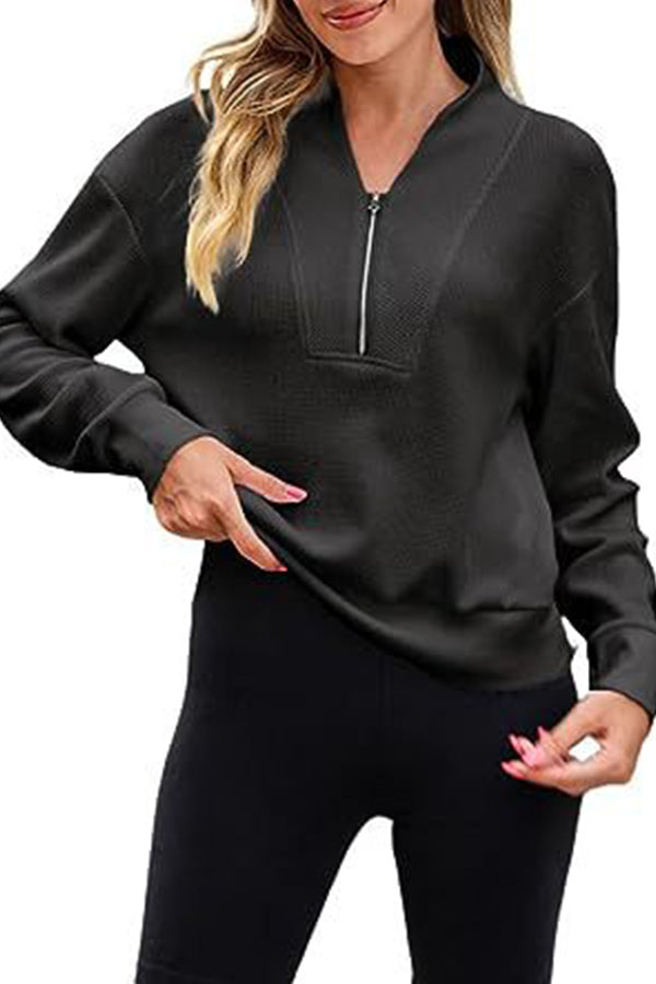 Waffle zipper V-neck pullover long-sleeved sweater Black
