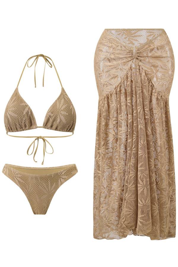Lace Halter Triangle Bikini + Sheer Split Maxi Skirt 3-Piece Set