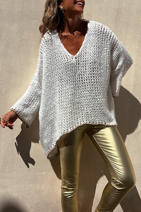 Chill Touch Knit Stripe Trim Loose Pullover Sweater White