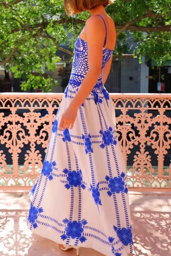 Blue-and-White Geometric Print Strapless Maxi Dress