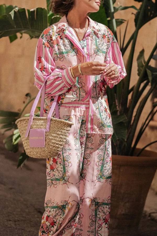 Printed Button Up Shirt and Pants Set