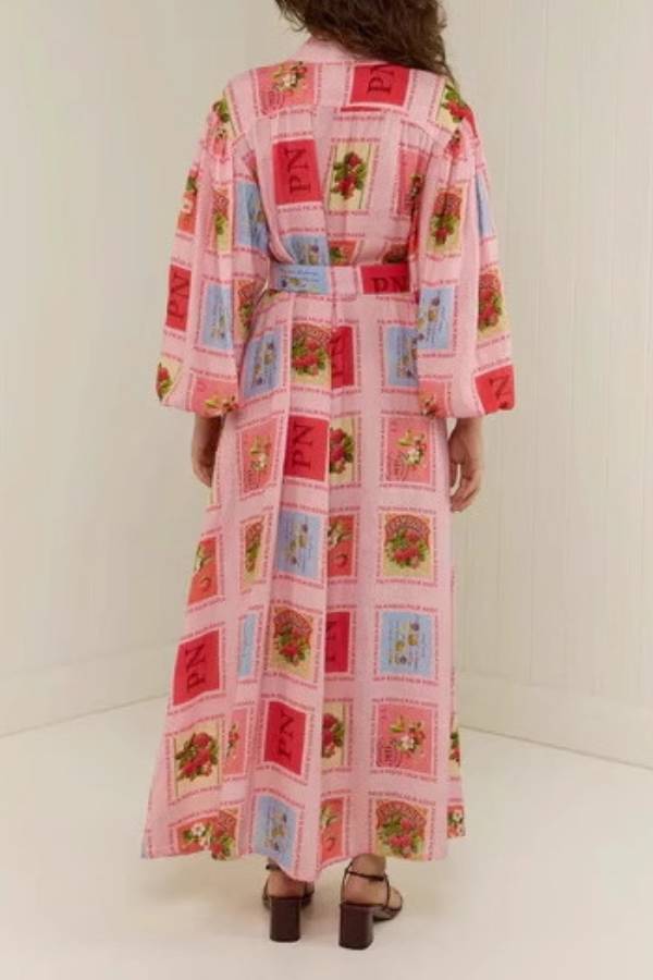 Puff Sleeve Tie-Waist Novelty Print Maxi Shirt Dress