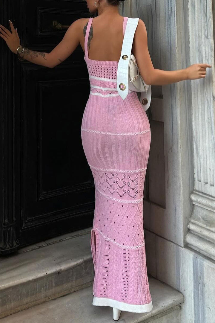 Vintage Contrast Fisherman Open Knit Split Vacation Crochet Maxi Sundress