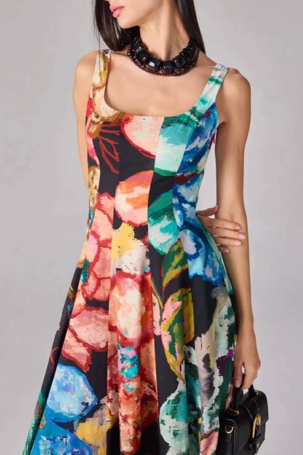 Square Neck Cami Oil‑Painting Floral A‑Line Midi Dress