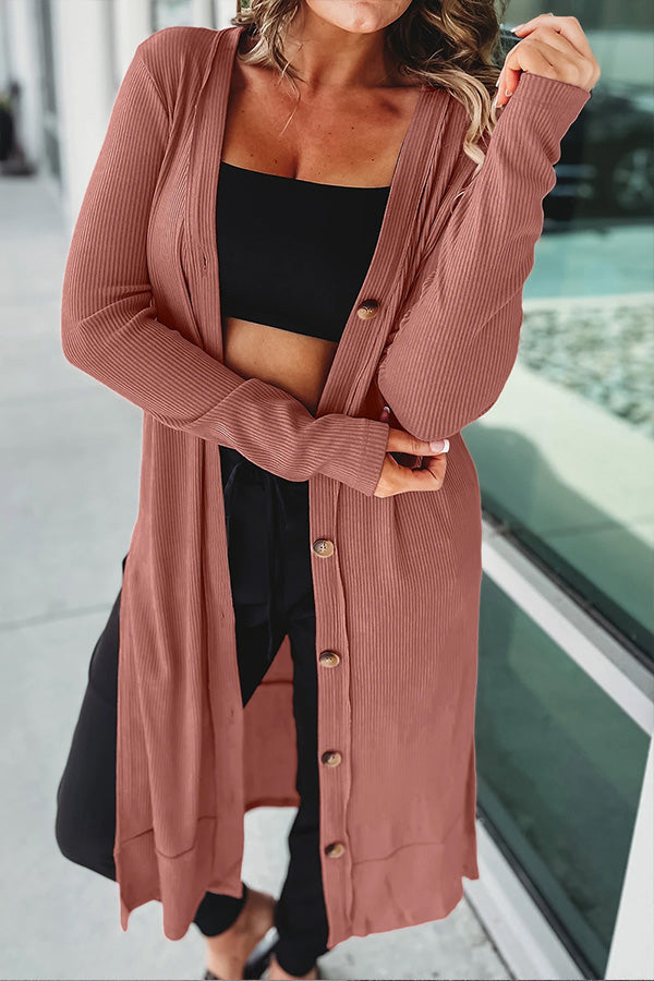 Ribbed Button Up Side Split Duster Cardigan MINERAL RED