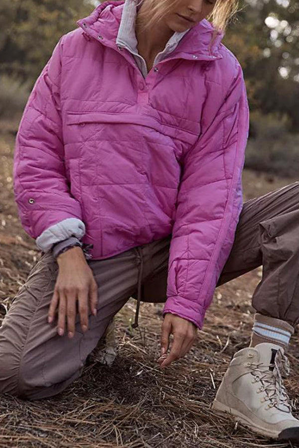 Solid Color Hooded Padded Foldable Padded Pullover Pocket Long Sleeve Jacket rose