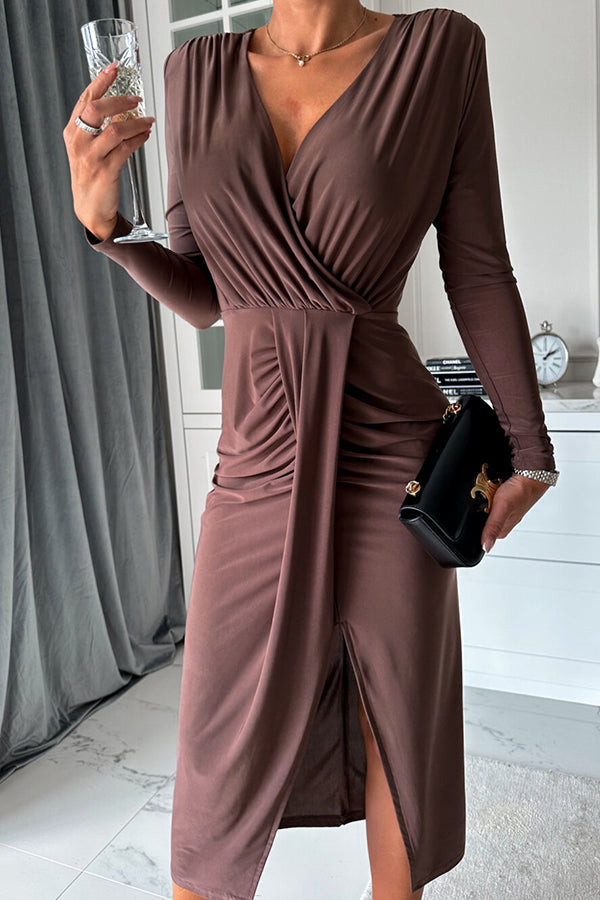 Miaoih Slim Fit V Neck Pleated Long Sleeve Midi Dress Brown
