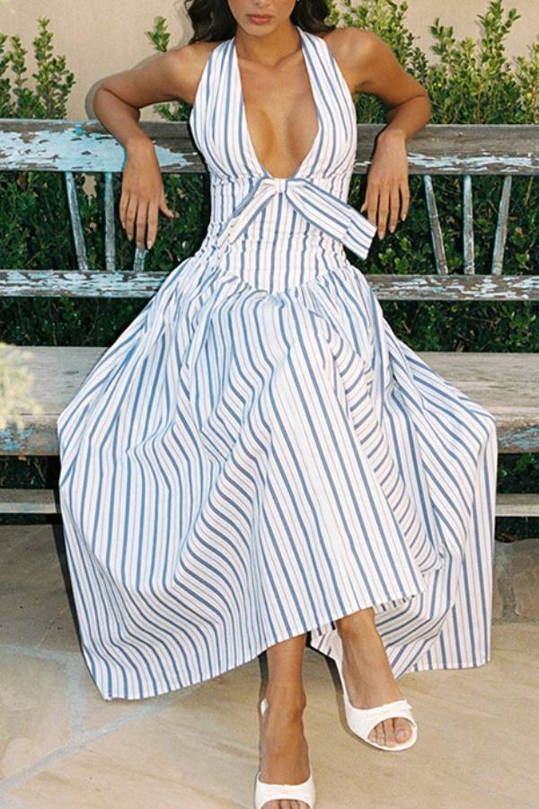 Blue-White Striped Halter Deep V Bow-Waisted Flowy Maxi Dress