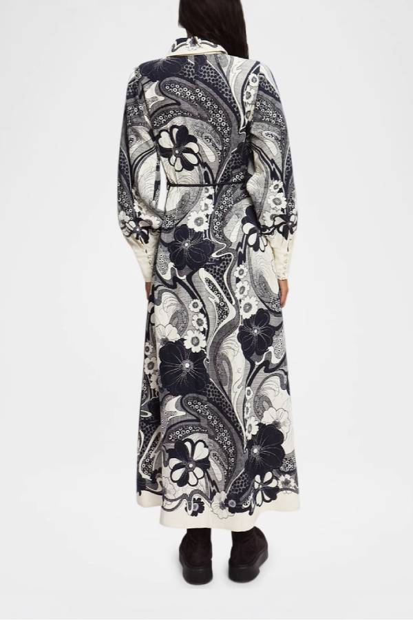 Black & White Floral Print Shirt Dress Puff Sleeve Waist Tie Maxi Dress