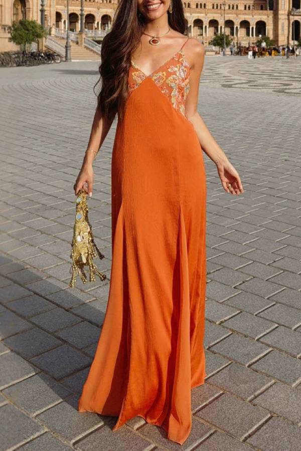 Orange Printed Patchwork Spaghetti Strap Open Back Maxi Dress