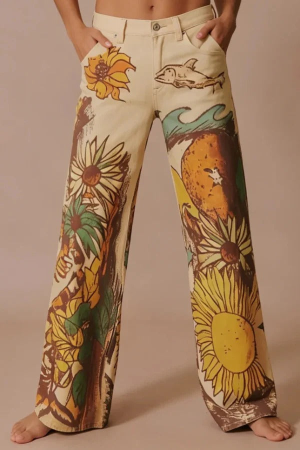 We The Free Playful Doodle Printed Mid Rise Pocket Wide Leg Pant