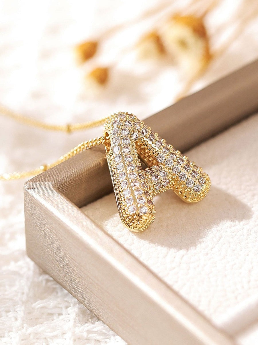 Pavé Bubble Letter Monogram Necklace Gold A
